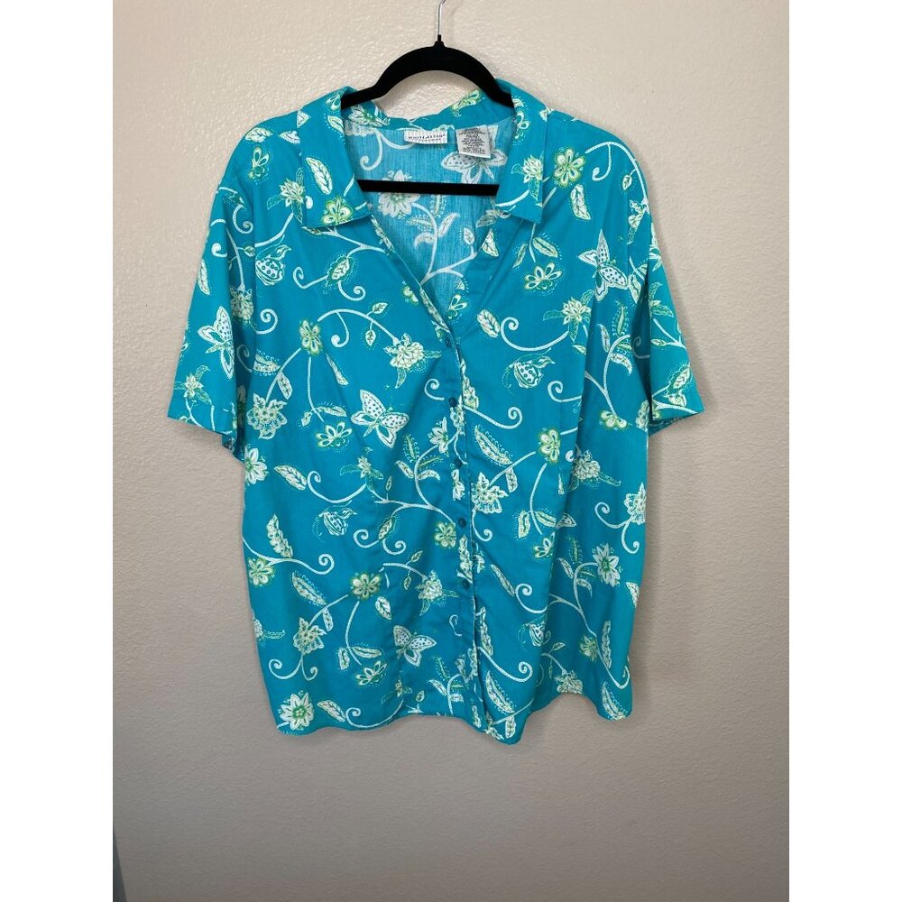White Stag Womens Plus‎ Teal Bay Floral Butterfly Button-Up Shirt Size 18/20